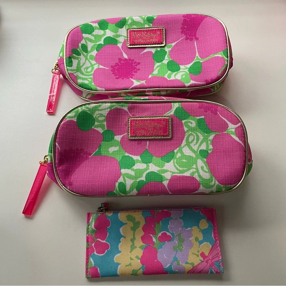 Lilly Pulitzer Estée Lauder Travel Cosmetic Bag Set Floral Pink and Green - Picture 1 of 7